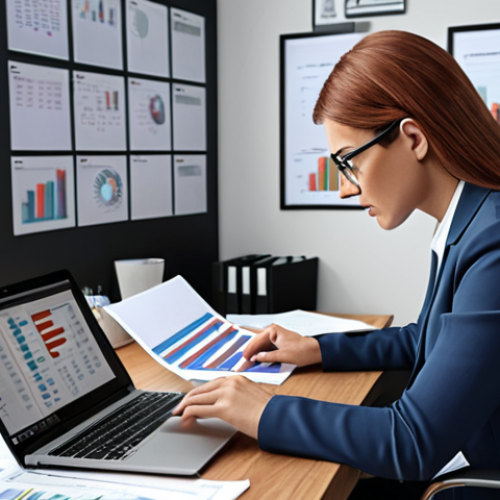 Home 11 **
Busy administrative consultant working on a laptop, surrounded by financial documents and charts, in a modern office. Emphasize organization and efficiency.
**