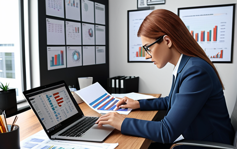 **
Busy administrative consultant working on a laptop, surrounded by financial documents and charts, in a modern office. Emphasize organization and efficiency.
**