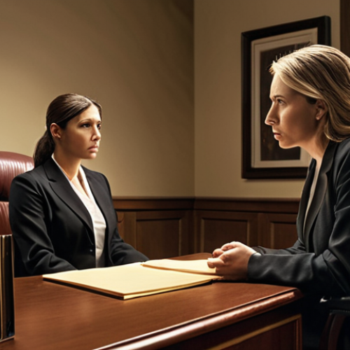 Home 6 **
A lawyer's office, a client visibly stressed and anxious sits across from a female lawyer. The lawyer is listening attentively with a compassionate expression, establishing trust and understanding. Soft, warm lighting.
**
