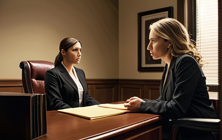 **
A lawyer's office, a client visibly stressed and anxious sits across from a female lawyer. The lawyer is listening attentively with a compassionate expression, establishing trust and understanding. Soft, warm lighting.
**