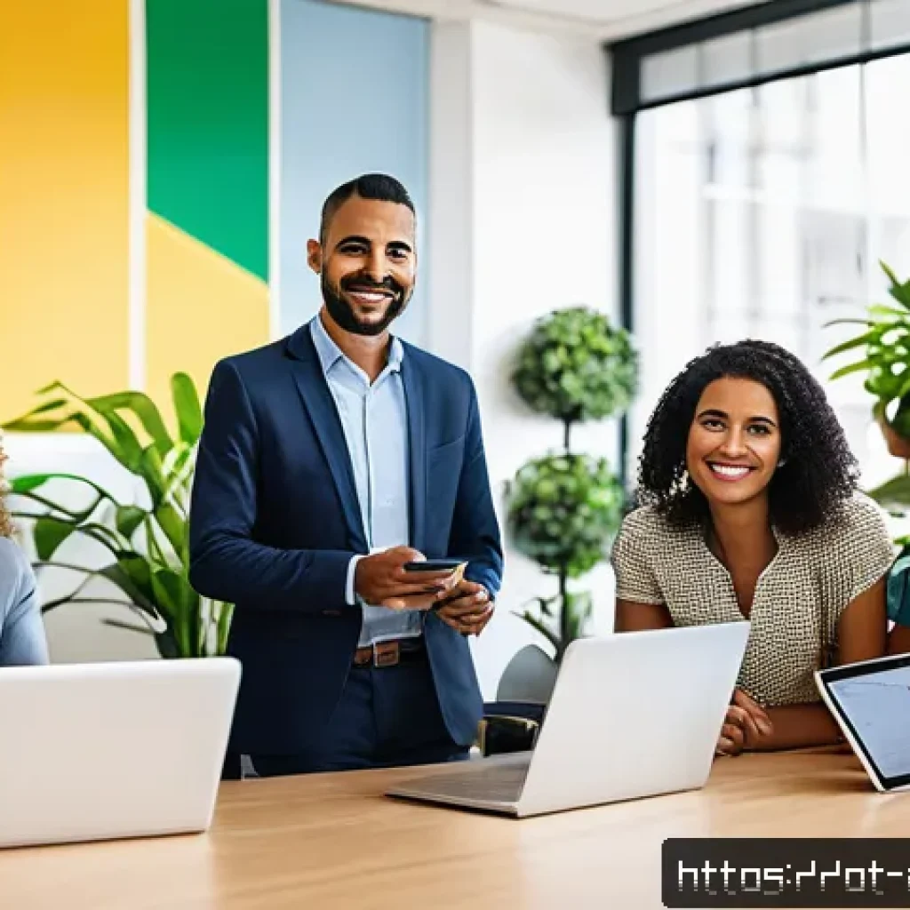행정사 직업 만족도를 높이는 방법 - A diverse group of public administration employees in a modern Brazilian government office, engaged ...