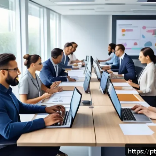 Home 32 행정사 업무 중 흔히 발생하는 문제 해결 사례 - A modern corporate office scene showing a diverse team of professionals collaborating around a large...