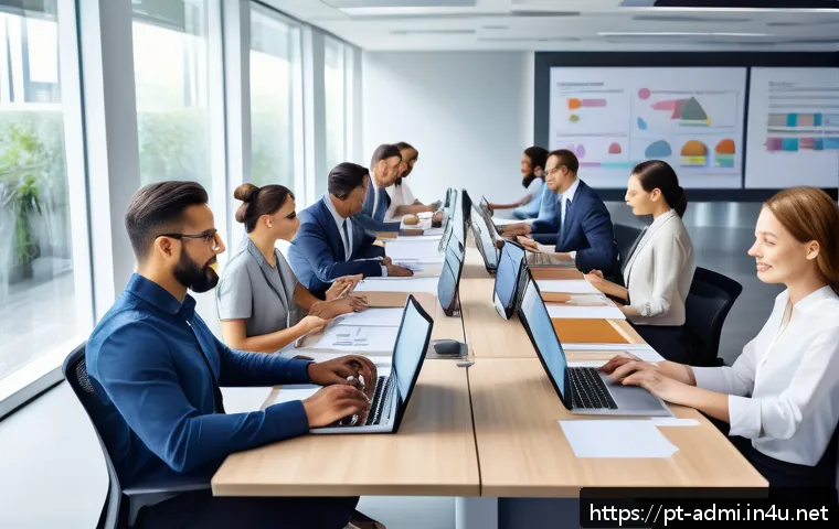 행정사 업무 중 흔히 발생하는 문제 해결 사례 - A modern corporate office scene showing a diverse team of professionals collaborating around a large...