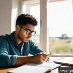Home 19 행정사 실기 시험 대비 팁 - A focused young adult studying at a bright, modern home office desk with a laptop, notebooks, and te...